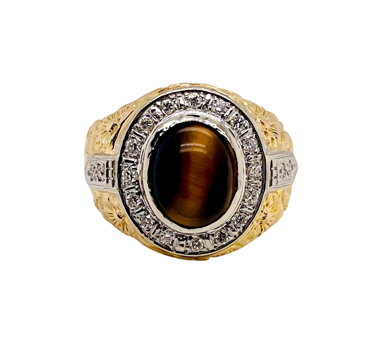 Vintage 14K Solid Yellow Gold Natural Diamond Tiger's Eye Mens Ring 16.3 Grams Size 10