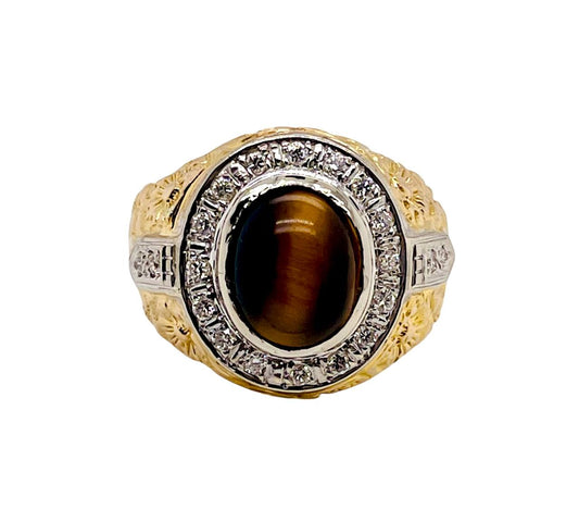 Vintage 14K Solid Yellow Gold Natural Diamond Tiger's Eye Mens Ring 16.3 Grams Size 10