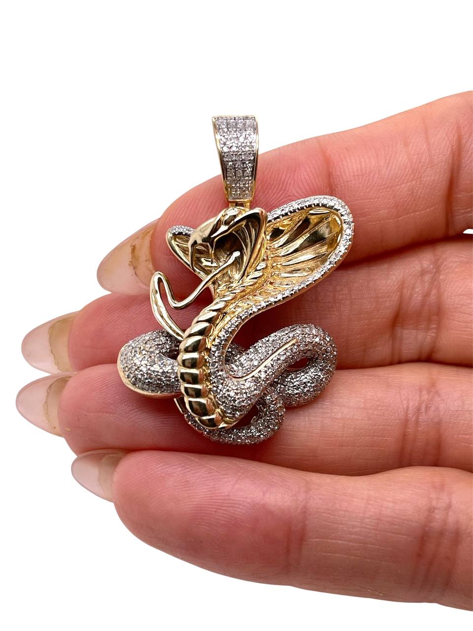 Mens 10K Solid Yellow Gold Natural Diamond Cobra Snake Charm Pendant 1.61 in