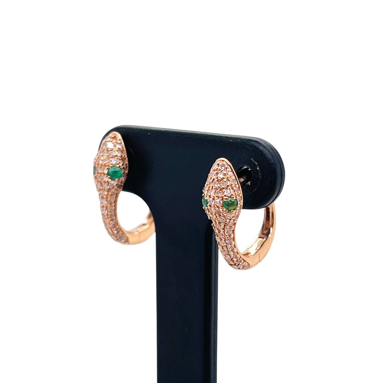 14k Rose Gold Natural Diamond And Emerald Snake Huggie Earrings