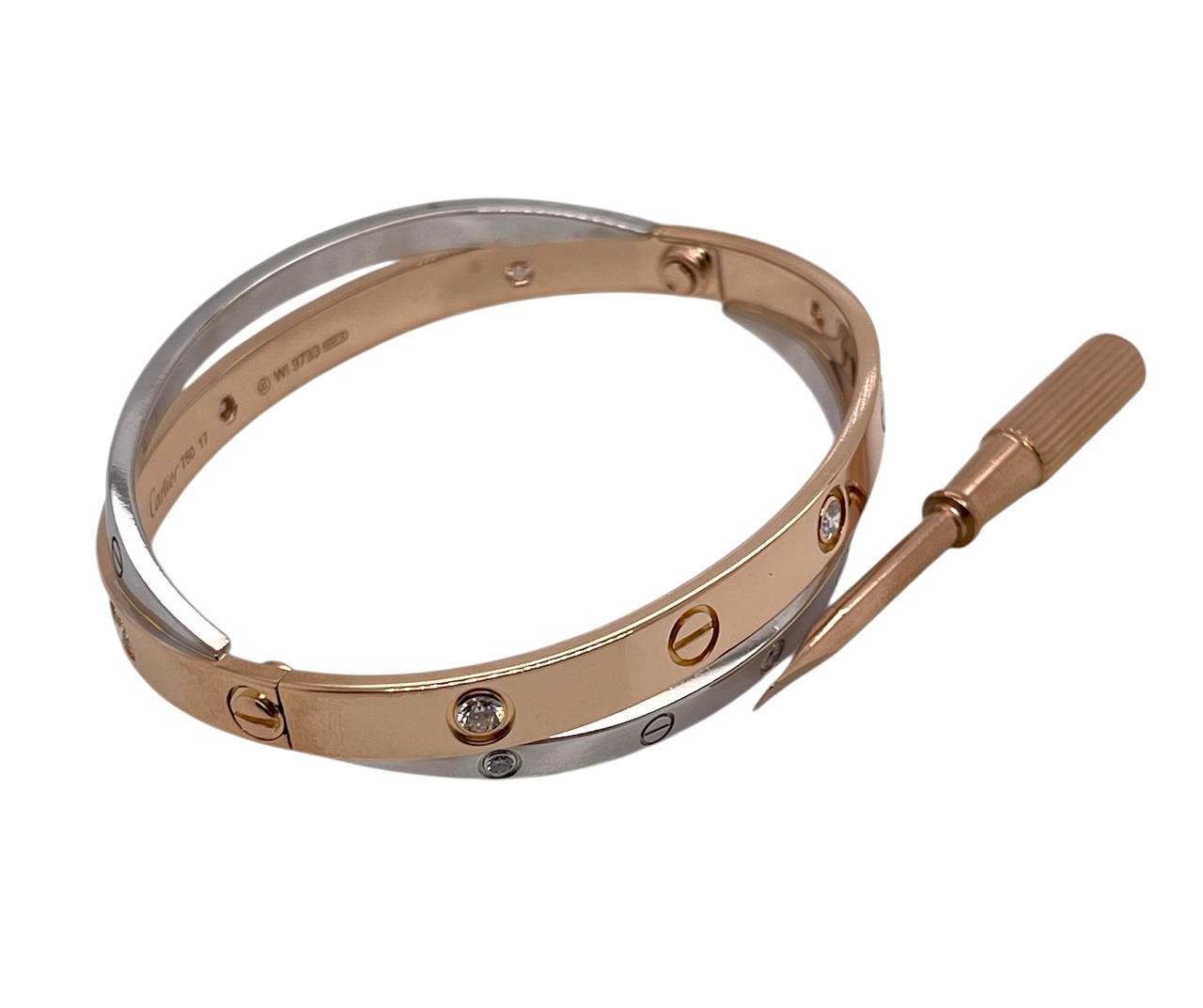 Cartier Double Love Bracelet 12 Diamonds 18k Rose White Gold Size 17