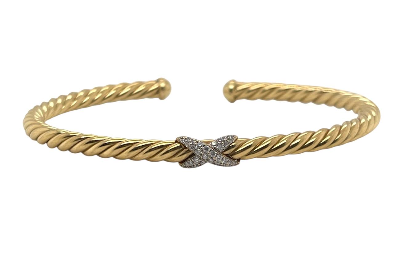 18K Solid Yellow Gold Natural Diamond Twisted Cable X Cuff Bangle Bracelet
