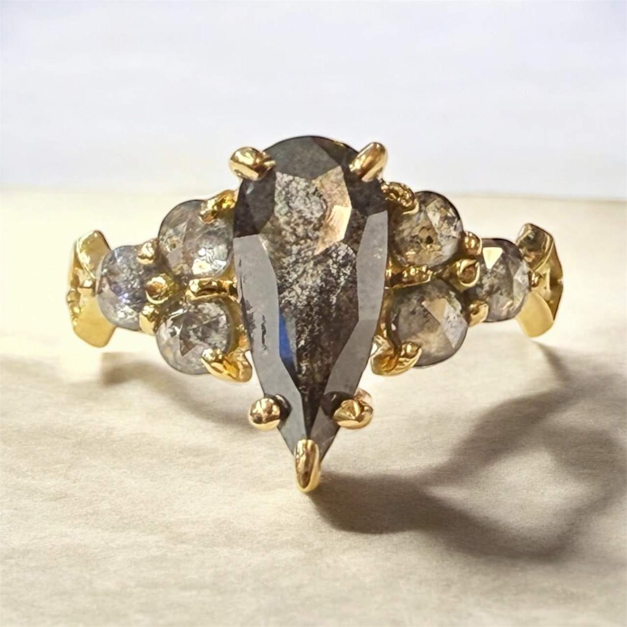 Nico Ring Salt & Pepper Rose Cut Pear Diamond 18k Yellow Gold