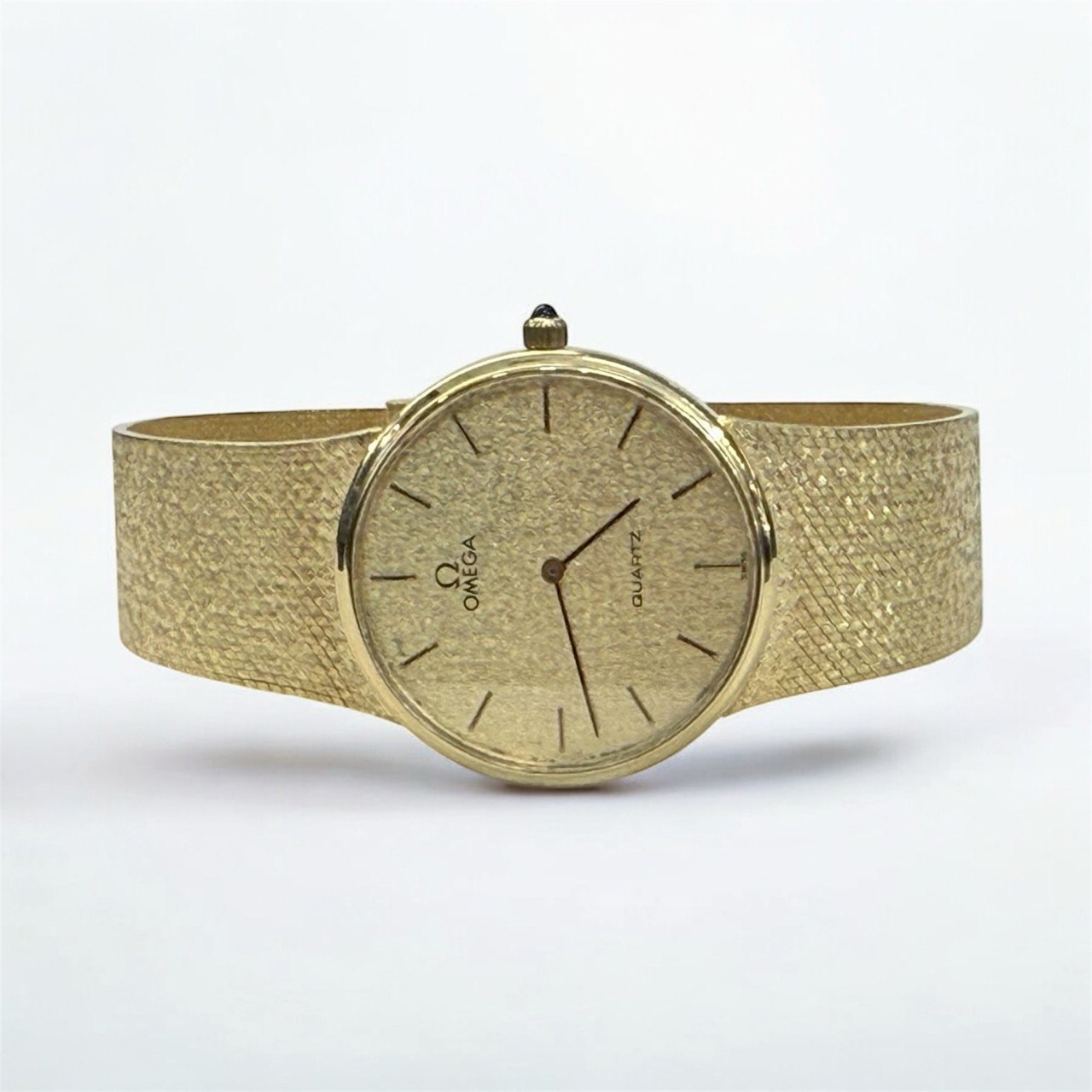 VINTAGE OMEGA Solid 14K Yellow Gold Quartz Watch Integrated Mesh Bracelet
