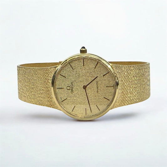 VINTAGE OMEGA Solid 14K Yellow Gold Quartz Watch Integrated Mesh Bracelet