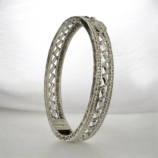 Vintage Art Deco Platinum Filigree Bangle Bracelet | Antique Style Jewelry Gift for Her