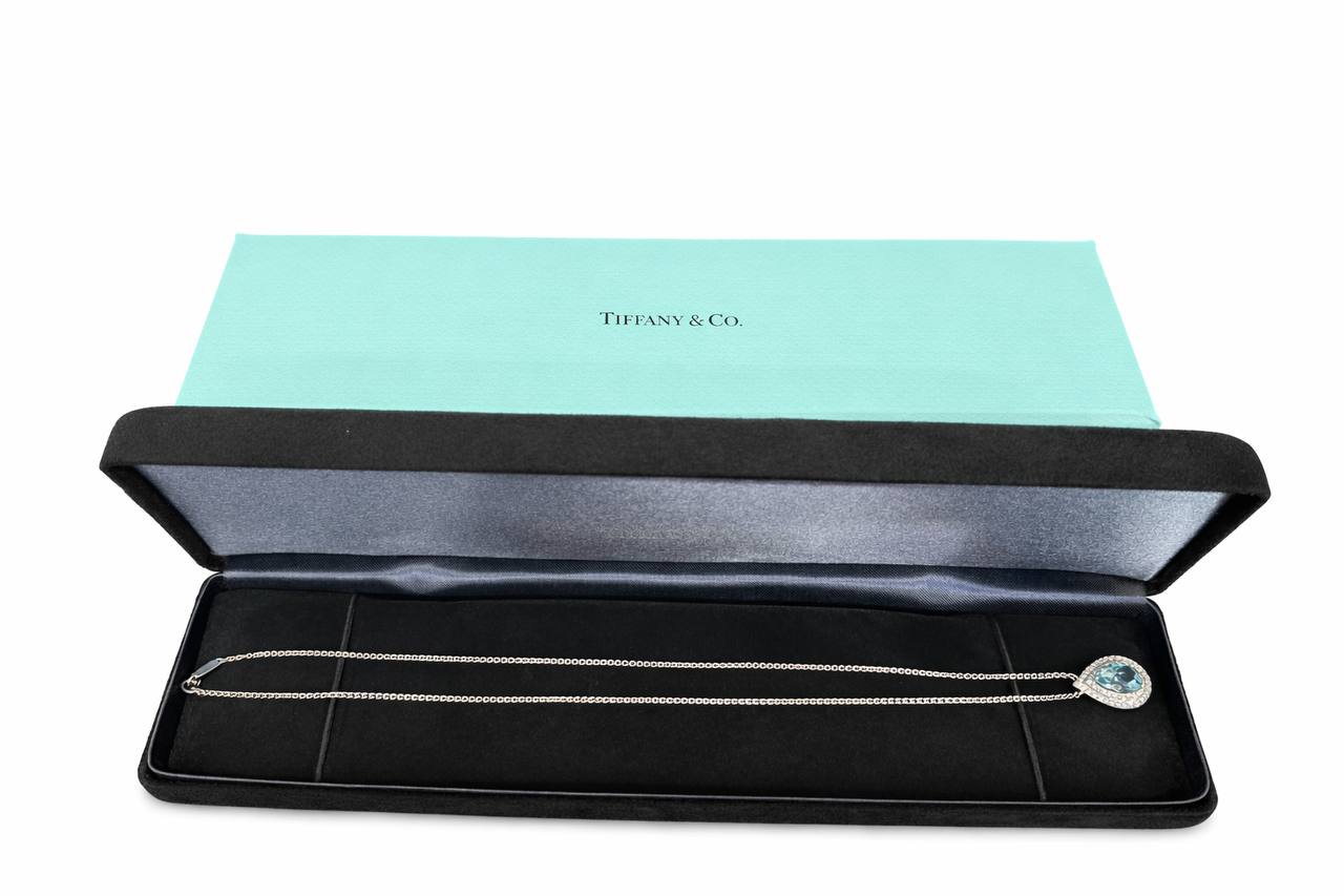 Authentic Tiffany and Co. Soleste Pendant Necklace 950 Platinum Pear Aquamarine & Diamond Double Halo