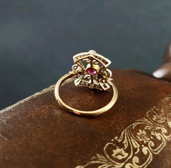 Antique Victorian Ruby & Diamond Ring in 18K Gold and Platinum, French Hallmarked Circa 1880