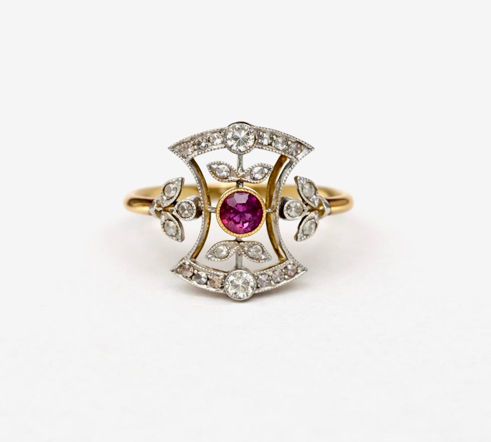 Antique Victorian Ruby & Diamond Ring in 18K Gold and Platinum, French Hallmarked Circa 1880