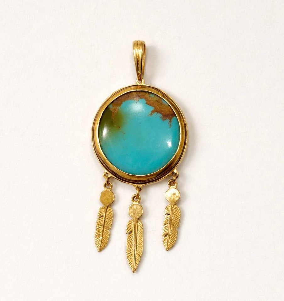 Handmade Vintage 14K Yellow Gold Turquoise Pendant Feather Dangles Bezel Set