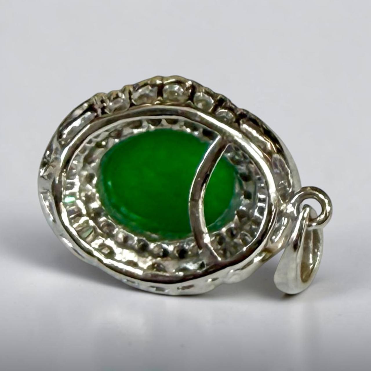 18K White Gold Green Jadeite Diamond Halo Pendant, Vintage Oval Cabochon Fine Jewelry