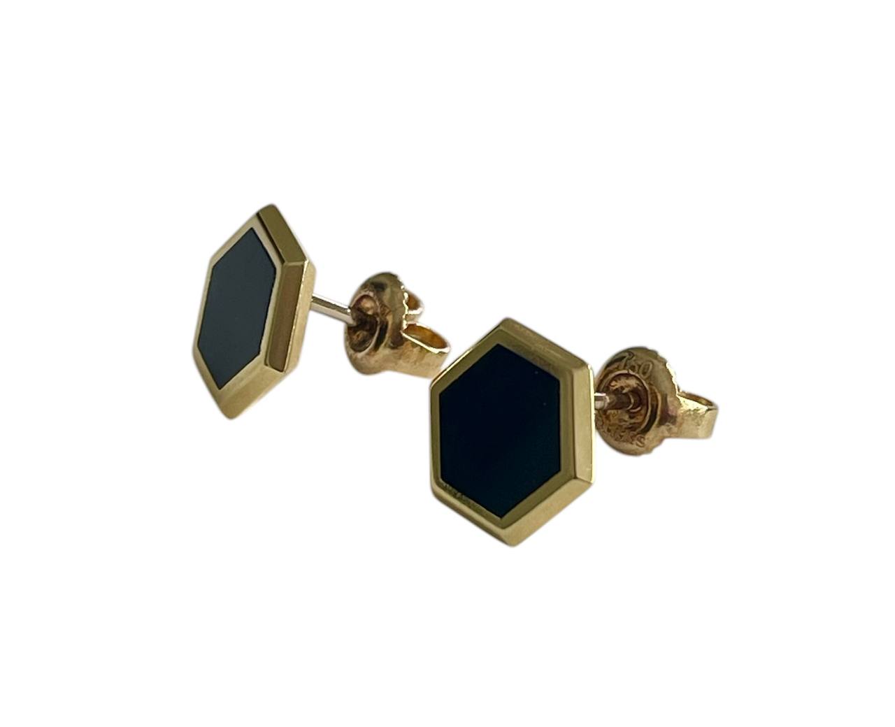 18K Solid Yellow Gold Onyx Hexagon Stud Earrings 10mm | Briks Designer | Black Onyx Geometric Studs | Luxury Gold Earrings Gift