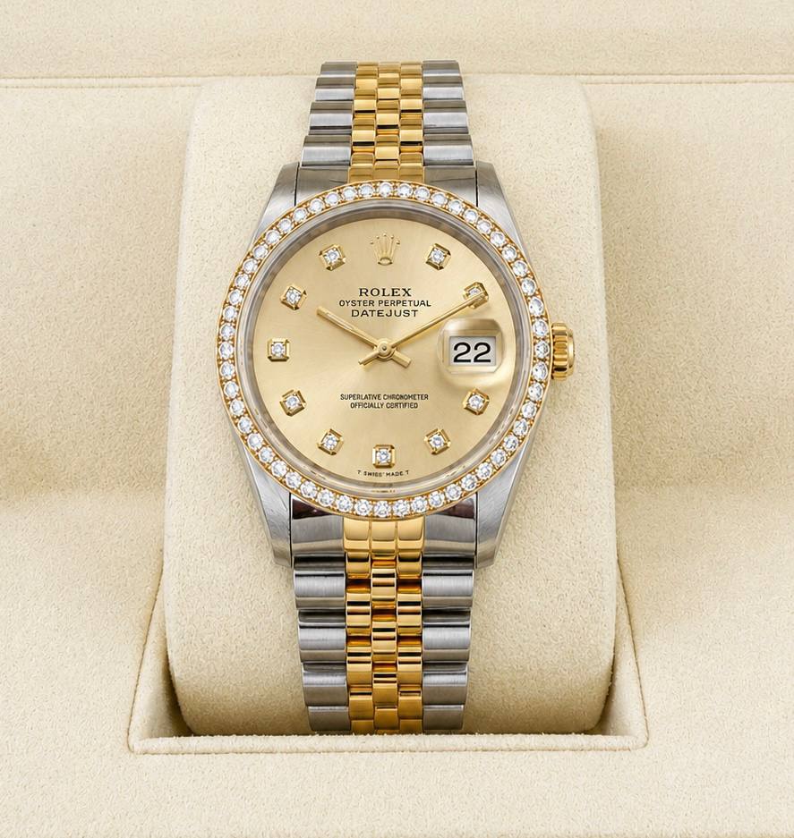 Rolex Datejust 16233 36mm Two Tone Automatic Watch Champagne Diamond Dial Diamond Bezel