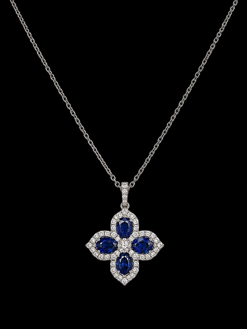 18K White Gold Natural Sapphire & Diamond Quatrefoil Pendant Necklace 1.83 CTW