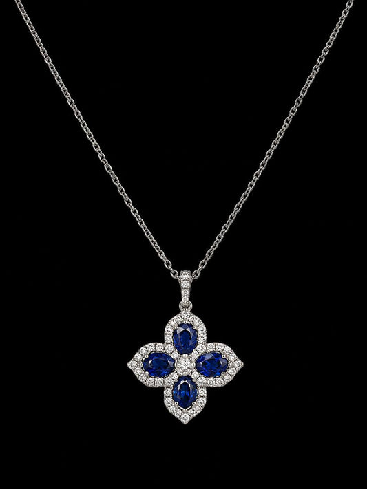 18K White Gold Natural Sapphire & Diamond Quatrefoil Pendant Necklace 1.83 CTW