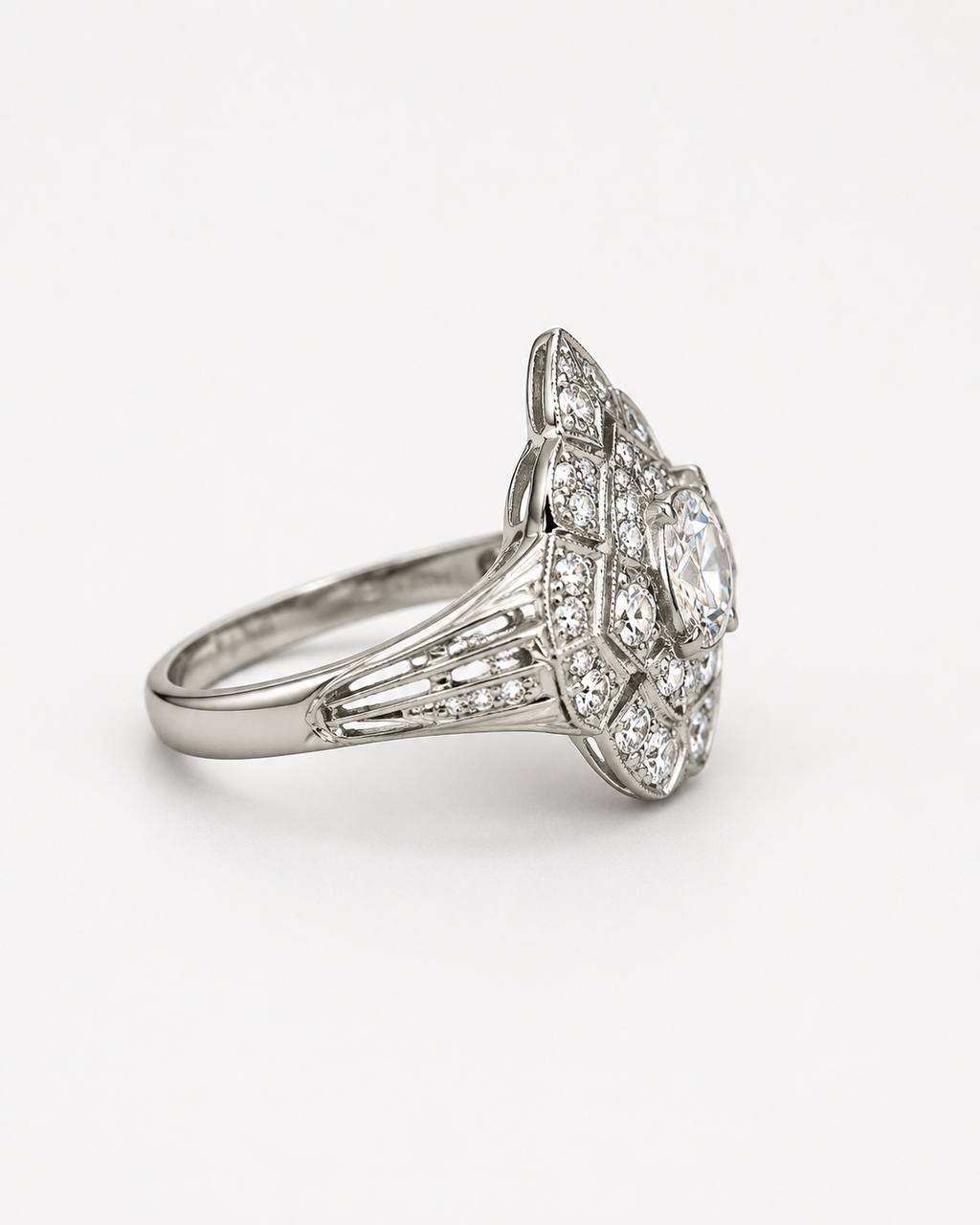 18K White Gold Vintage Heart Diamond Ring 0.65 CTW Art Deco Size 6.5
