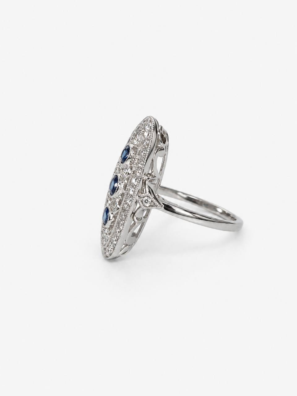 Art Deco Natural Blue Sapphires & Diamond Ring 14K White Gold Vintage Milgrain