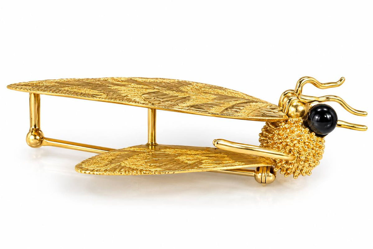 CELLINO 18K Yellow Gold Butterfly Brooch, 3D Textured Wings, Black Cabochon Eyes