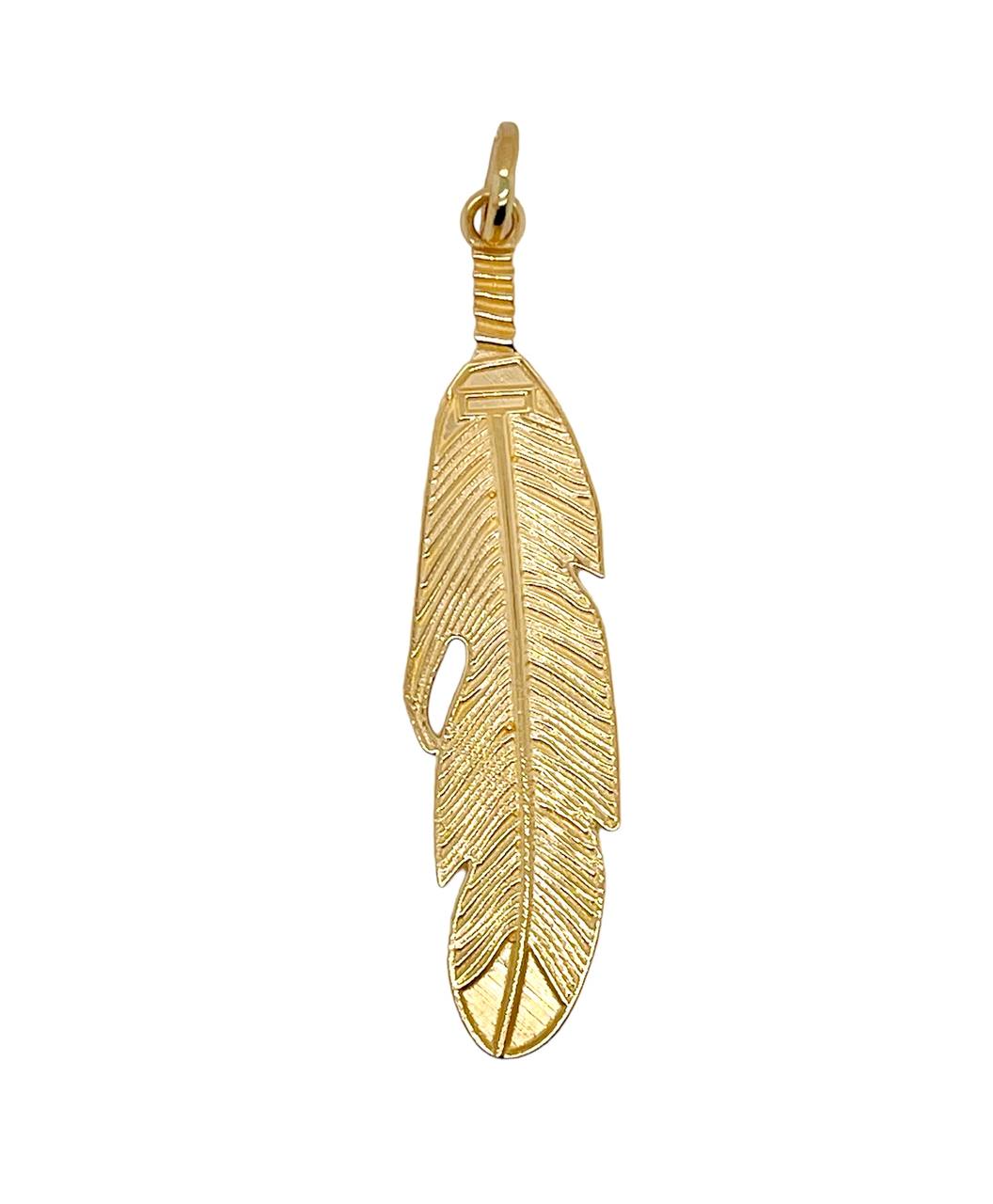 14K Solid Yellow Gold Feather Charm Pendant 1.81 in