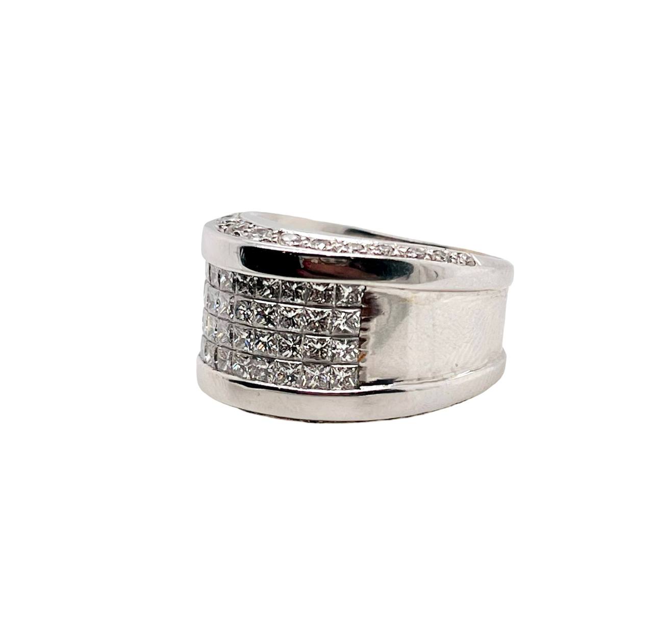 18K White Gold Natural Princess Cut Diamond Wide Cigar Band Ring