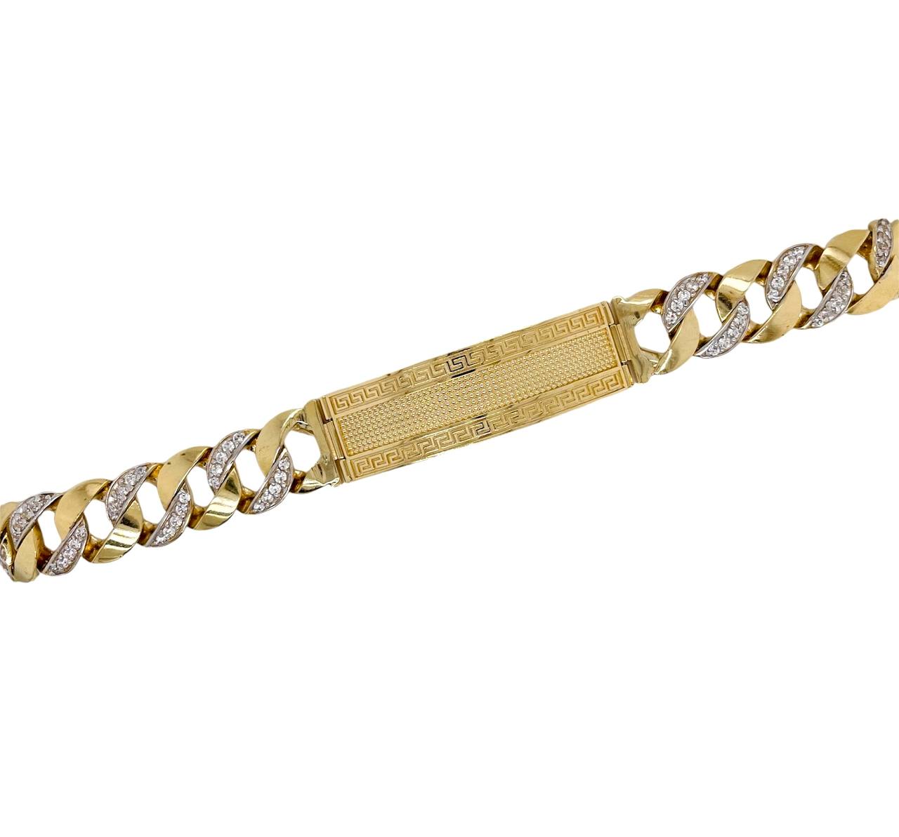 Mens 14K Solid Yellow Gold Greek Key Cuban link ID Bracelet 58 Grams 8.75 in