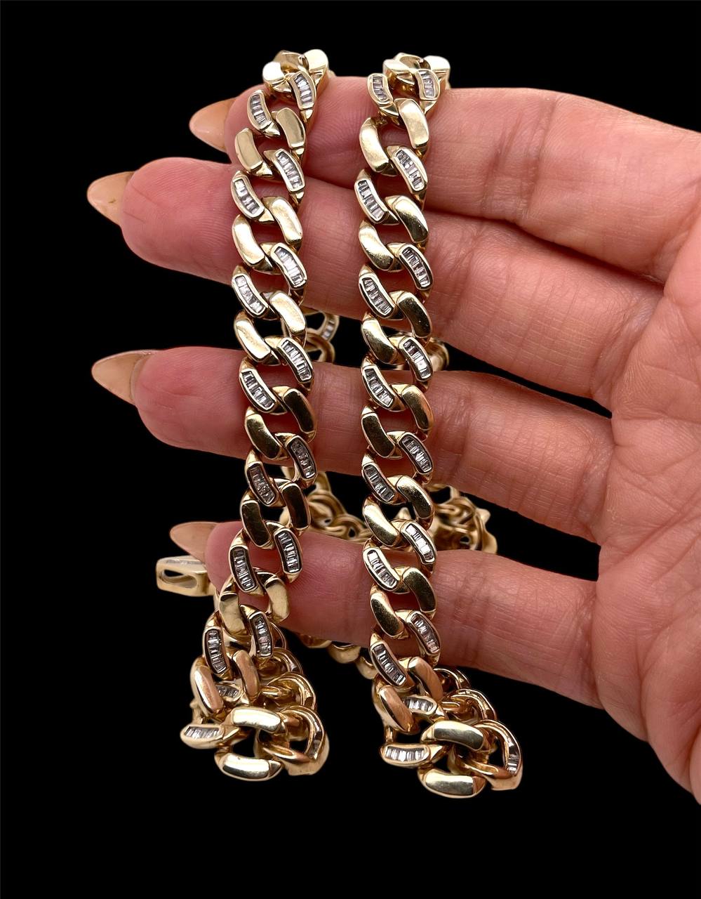 86 Gr 10k Yellow Gold 6.5 Ct Natural Baguette Diamond Miami Cuban Chain Necklace 22 in 10.2 mm