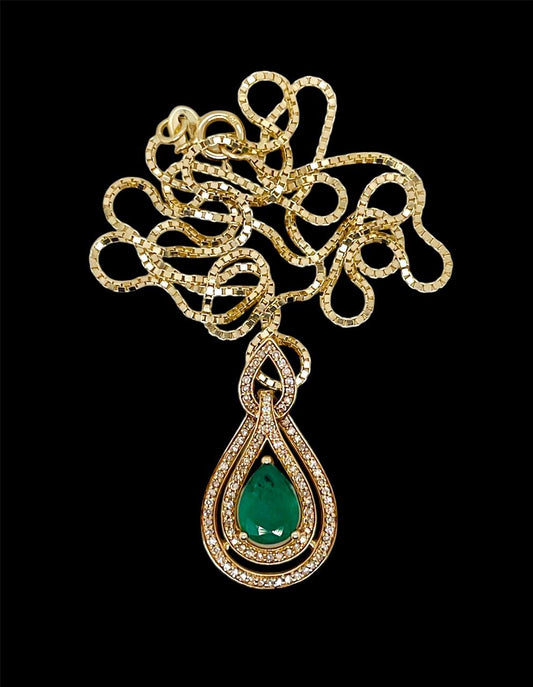 14k Yellow Gold 1.25 TCW Diamond & Emerald Pear Shape Pendant & Chain Necklace