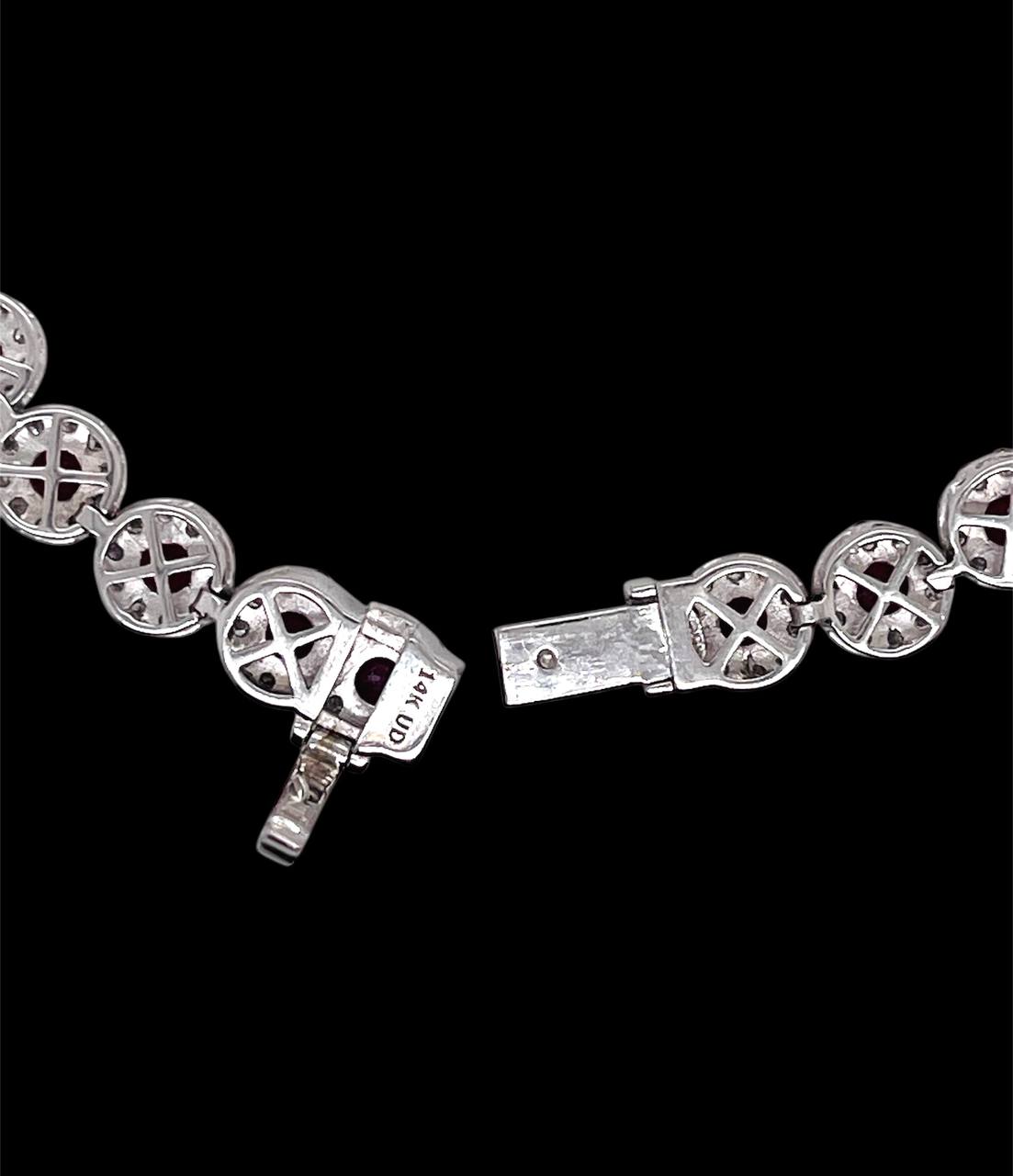 14K White Gold Natural Diamond and Ruby Cluster Tennis Bracelet 14.6 Grams 7.5"