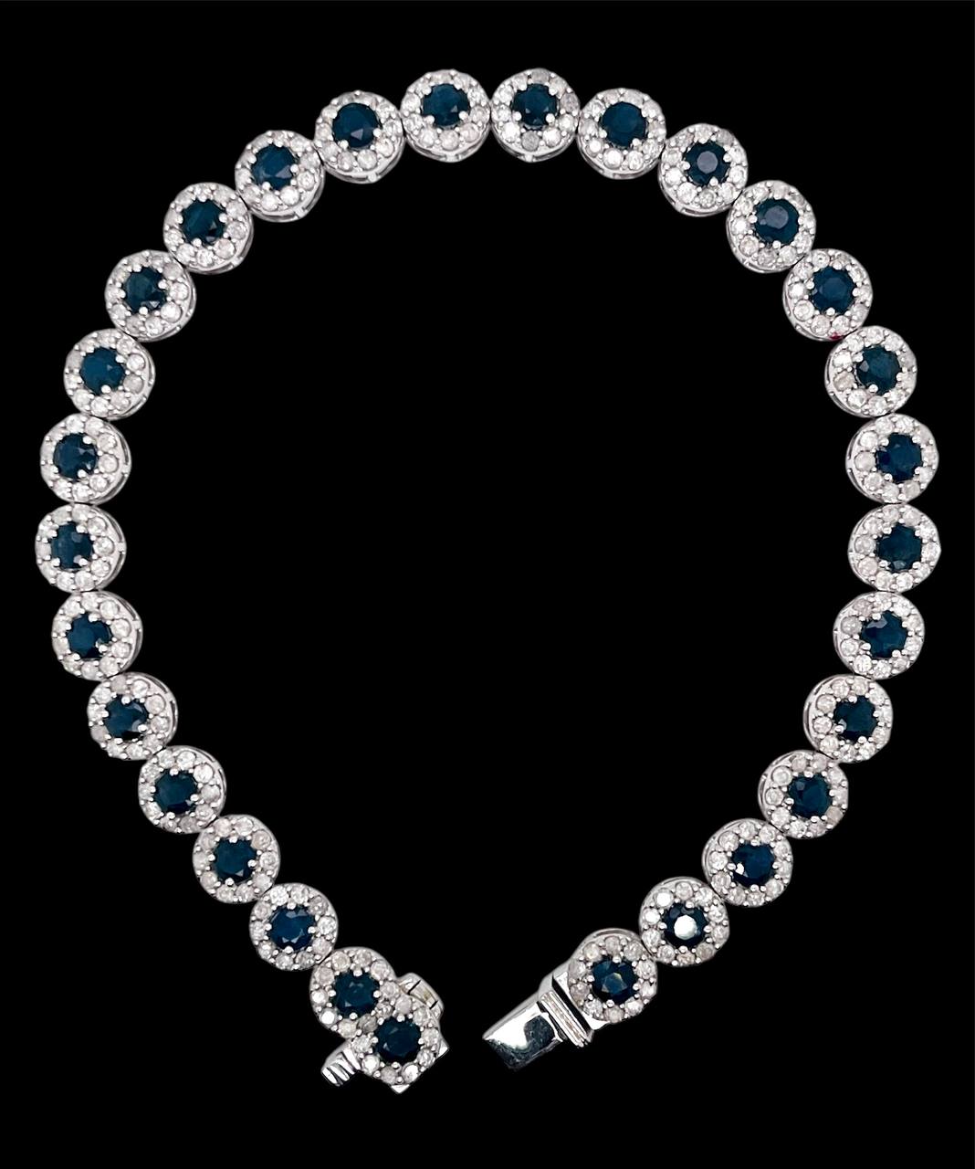 14K White Gold Natural Diamond and Sapphire Cluster Tennis Bracelet 7.5"