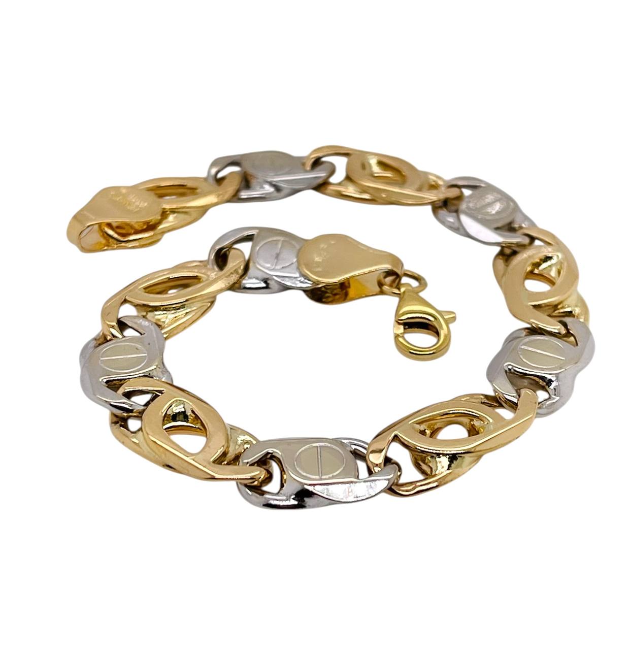 Italian Made 18K Solid Two Tone Gold Men's Anchor Mariner Chain Bracelet 8.25"