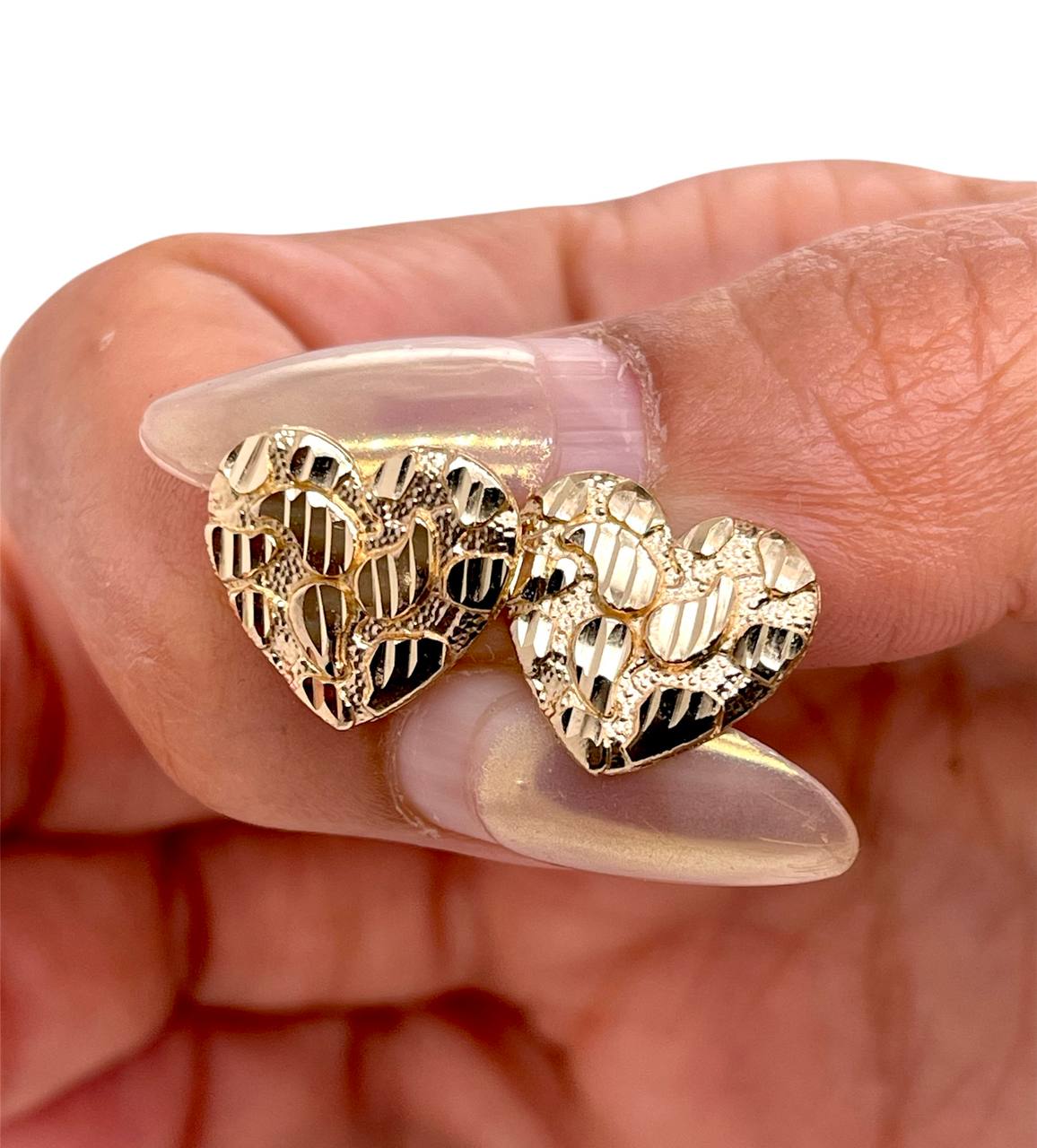 14k Solid Yellow Gold Diamond Cut Nugget Heart Stud Earrings Push Back 14 MM