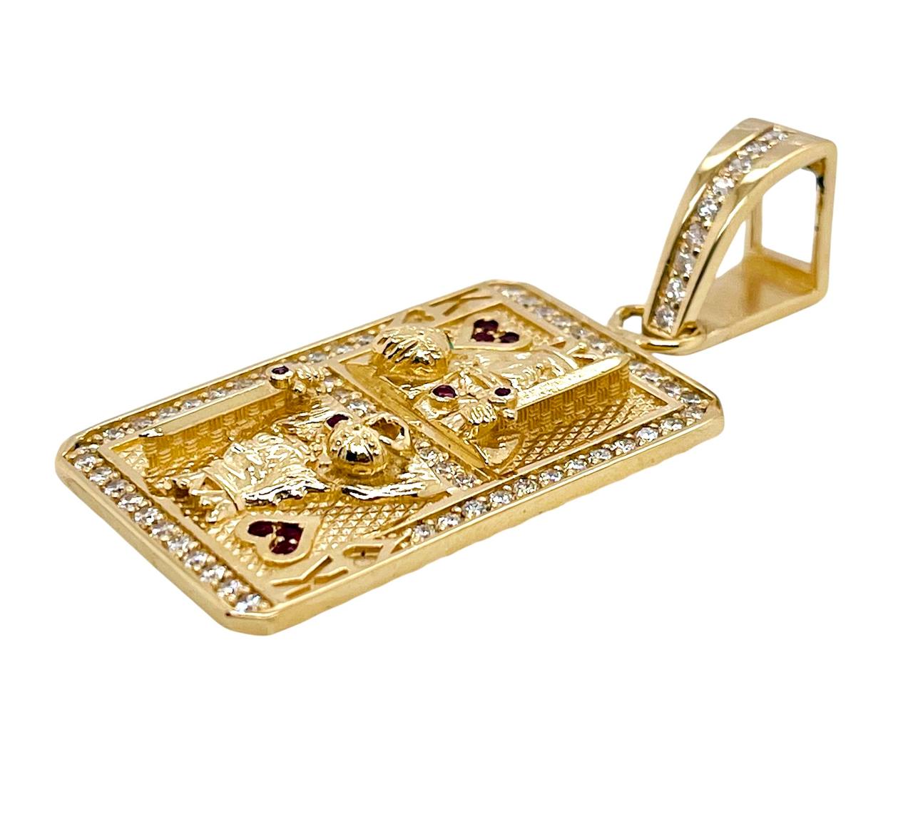 14K Solid Yellow Gold 1.58 Ct Diamond & Ruby King of Heart Playing Card Pendant