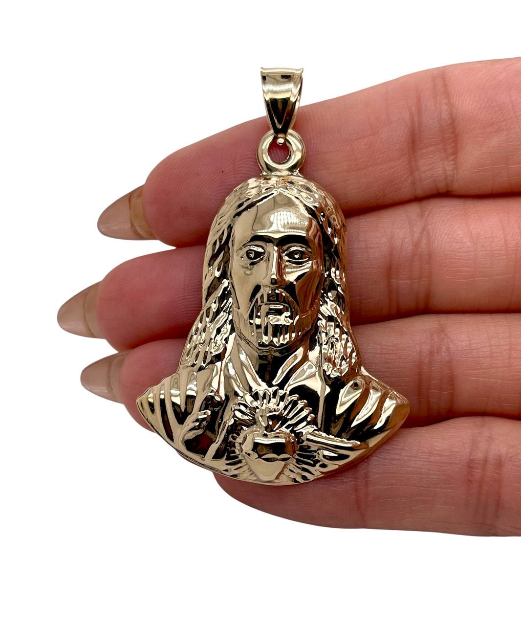14K Yellow Gold Jesus Head Face Pendant 2 inches 11 grams Sagrado Corazón de Jesús