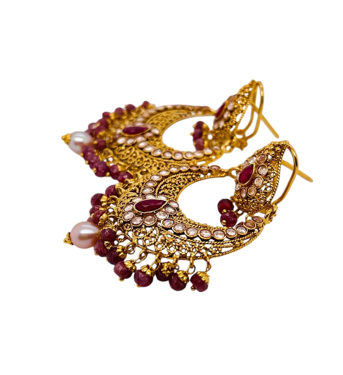 22K Yellow Gold Indian Ethnic Style Drop Dangle Earrings Natural Ruby And White Sapphire 25.8 Grams