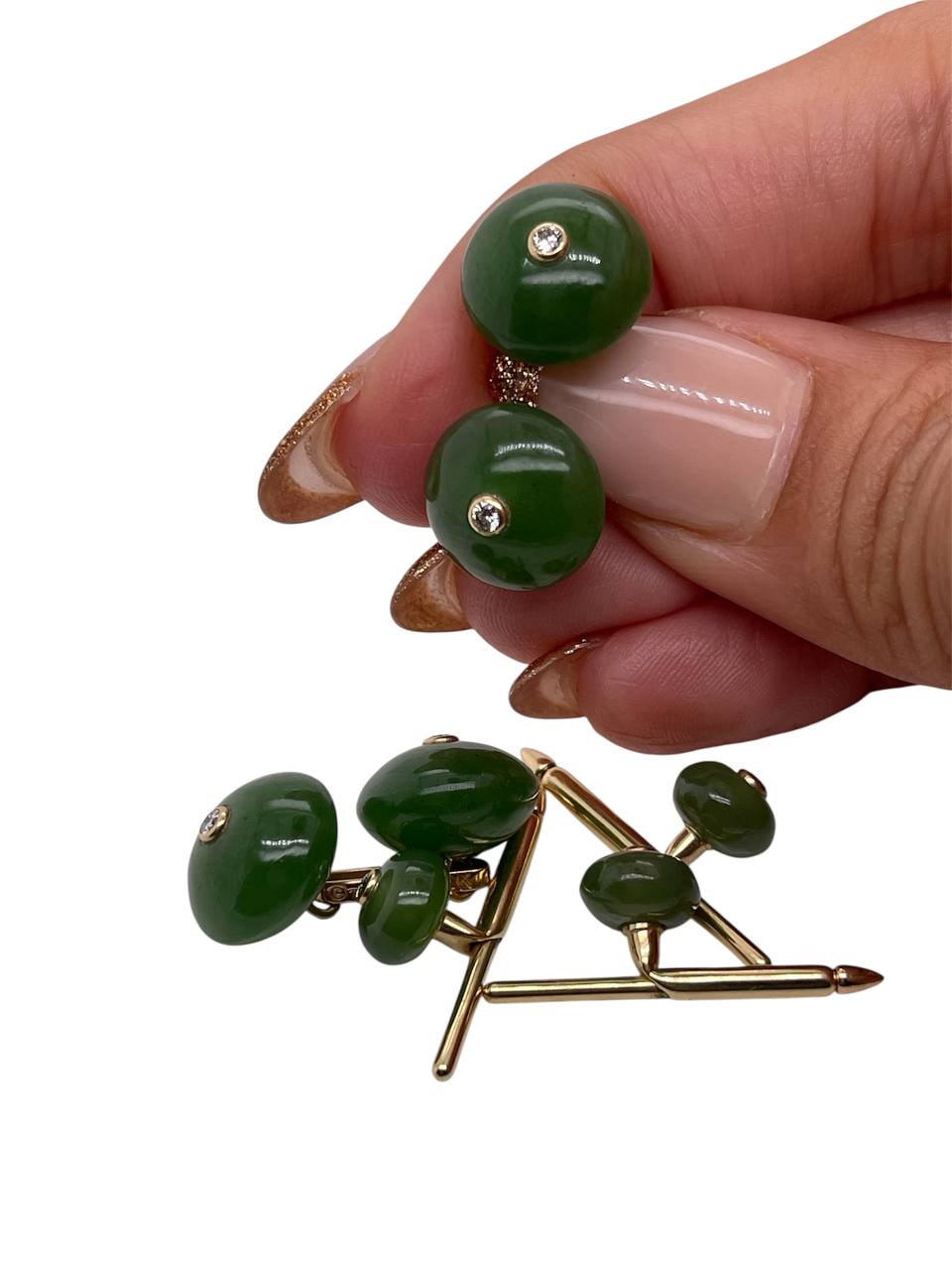 Trianon Jade Diamond Cufflink Stud Set 14k Yellow Gold