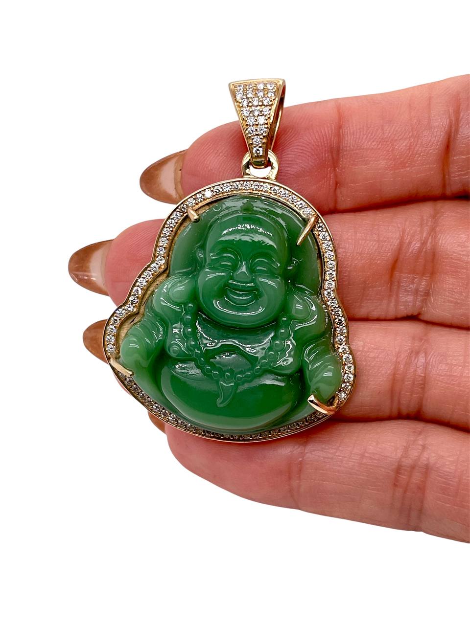 Mens 18K Solid Yellow Gold 1 Ct Natural Diamond Green Jade Buddha Buddhist Pendant 2.17 inches