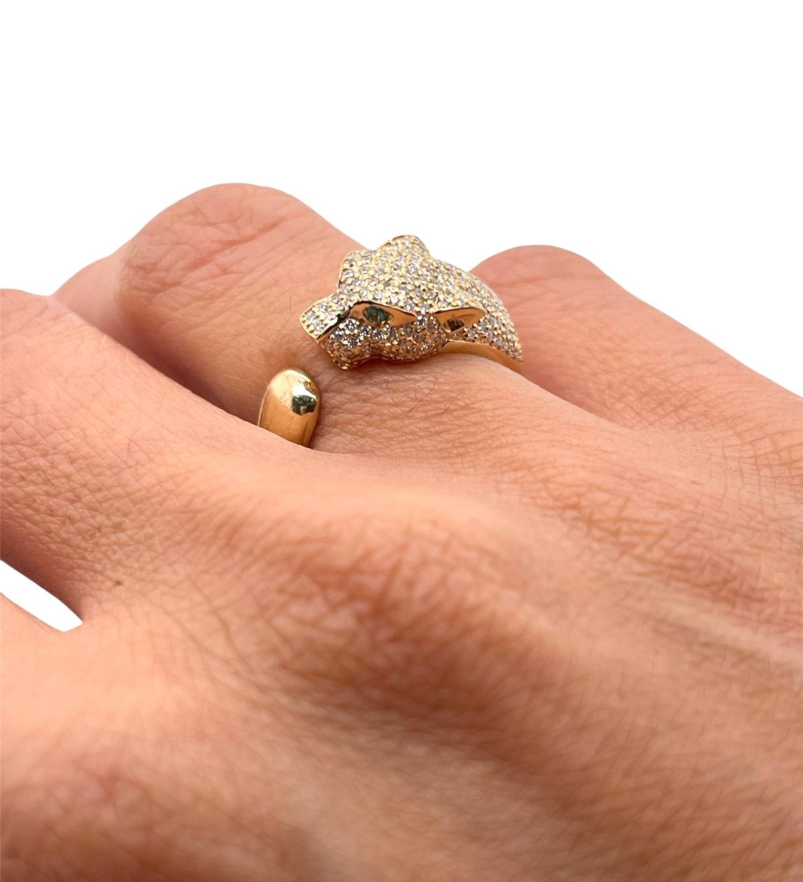 14k Solid Gold 1.5 ct Natural Diamond Panther Leopard Ring Emerald Eyes