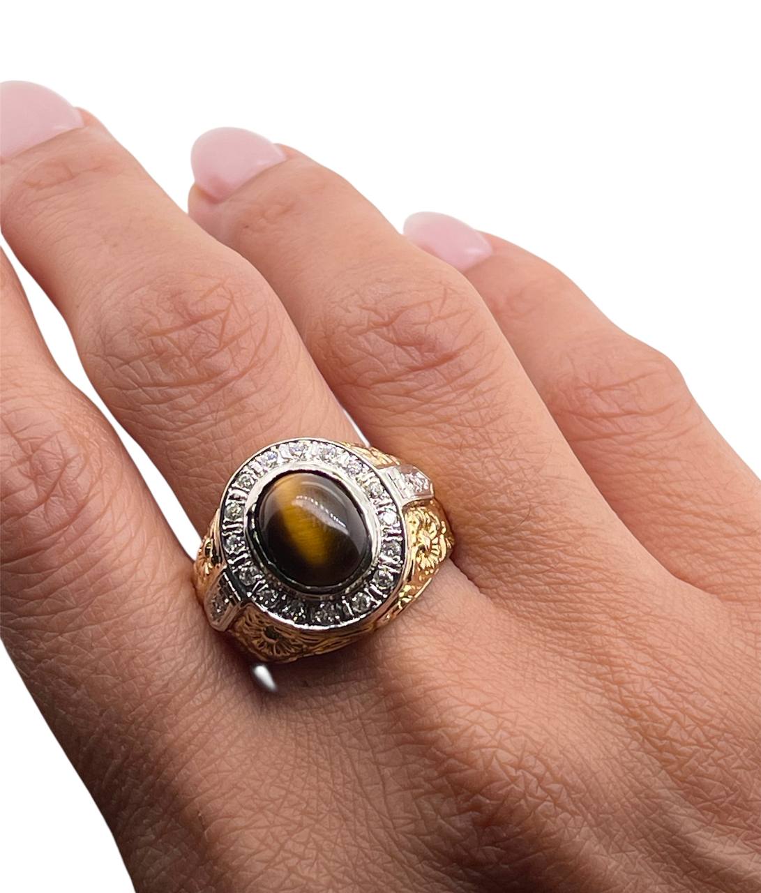 Vintage 14K Solid Yellow Gold Natural Diamond Tiger's Eye Mens Ring 16.3 Grams Size 10