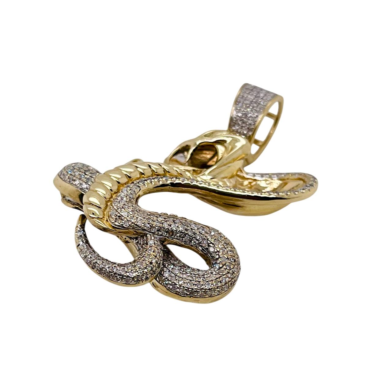 Mens 10K Solid Yellow Gold Natural Diamond Cobra Snake Charm Pendant 1.61 in