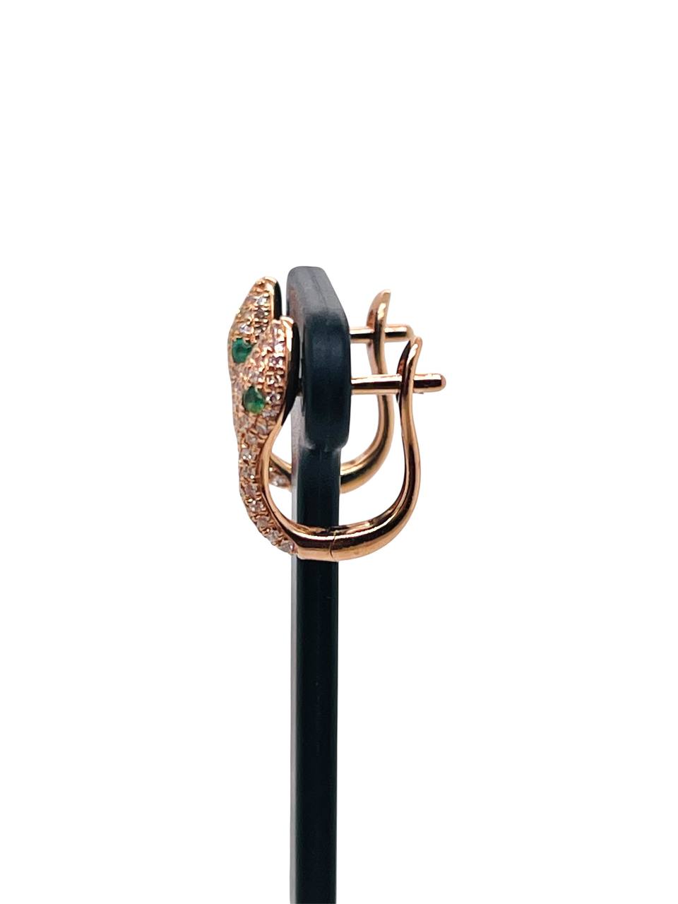 14k Rose Gold Natural Diamond And Emerald Snake Huggie Earrings