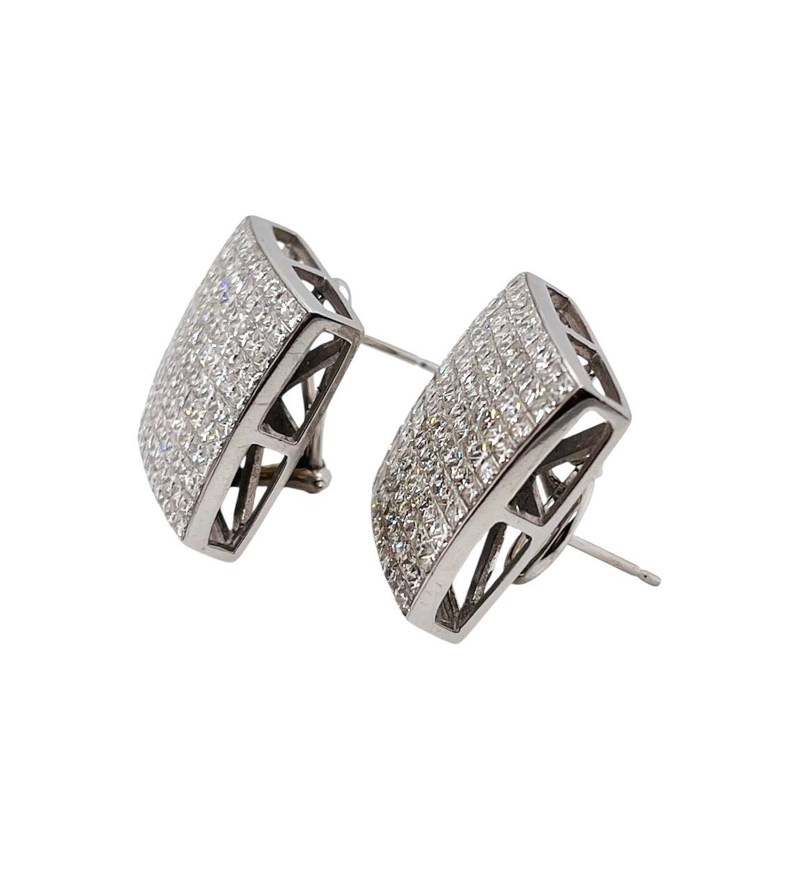 Huge 14 tcw Natural Princess Cut Diamond Cushion Hip-Hop Earrings 14k White Gold