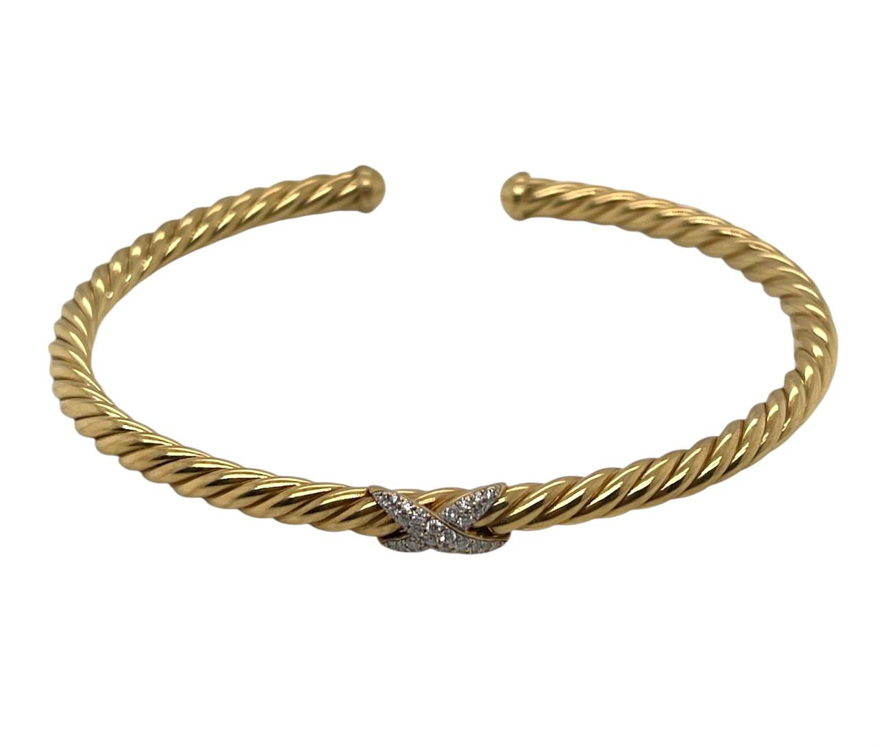 18K Solid Yellow Gold Natural Diamond Twisted Cable X Cuff Bangle Bracelet