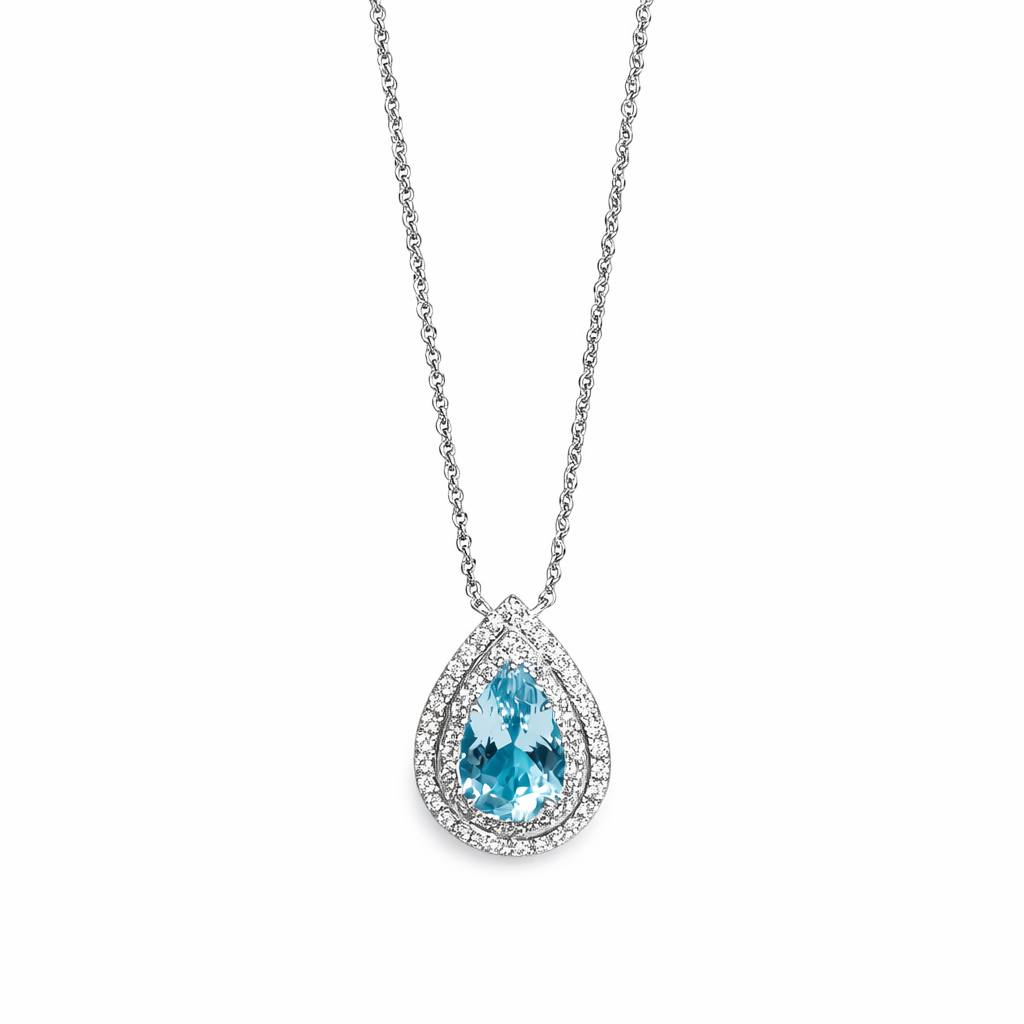 Authentic Tiffany and Co. Soleste Pendant Necklace 950 Platinum Pear Aquamarine & Diamond Double Halo