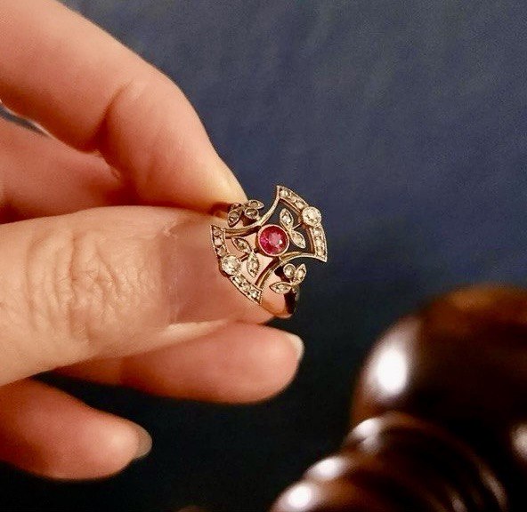 Antique Victorian Ruby & Diamond Ring in 18K Gold and Platinum, French Hallmarked Circa 1880