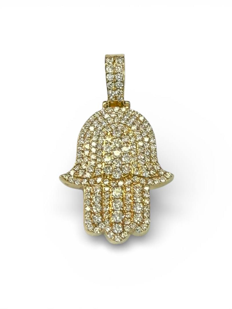14K Gold Diamond Hamsa Hand Mens Pendant 4.35 Ct Pave Diamonds Hip Hop Protection Charm 33.2g