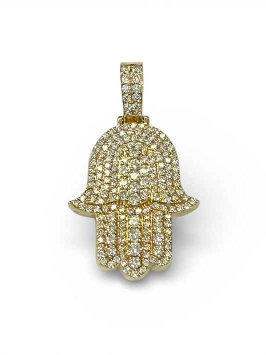 14K Gold Diamond Hamsa Hand Mens Pendant 4.35 Ct Pave Diamonds Hip Hop Protection Charm 33.2g