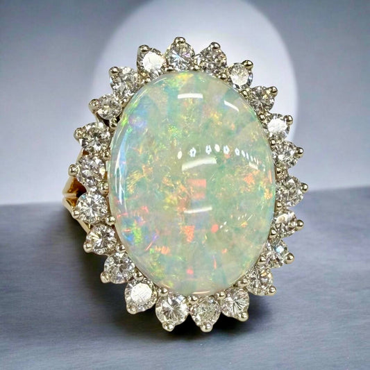Natural Opal Diamond Halo Ring 14K Gold 1.32 CTW VS2 G-H Diamonds 19×14 mm Opal Size 6
