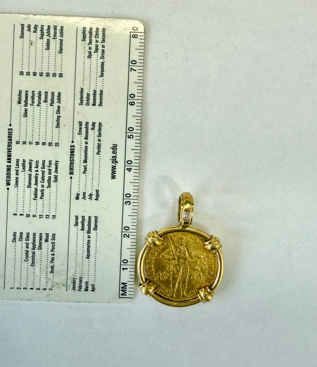 1764 Dutch Gold Ducat Pendant in 18K Gold Bezel with Natural Diamond Bail