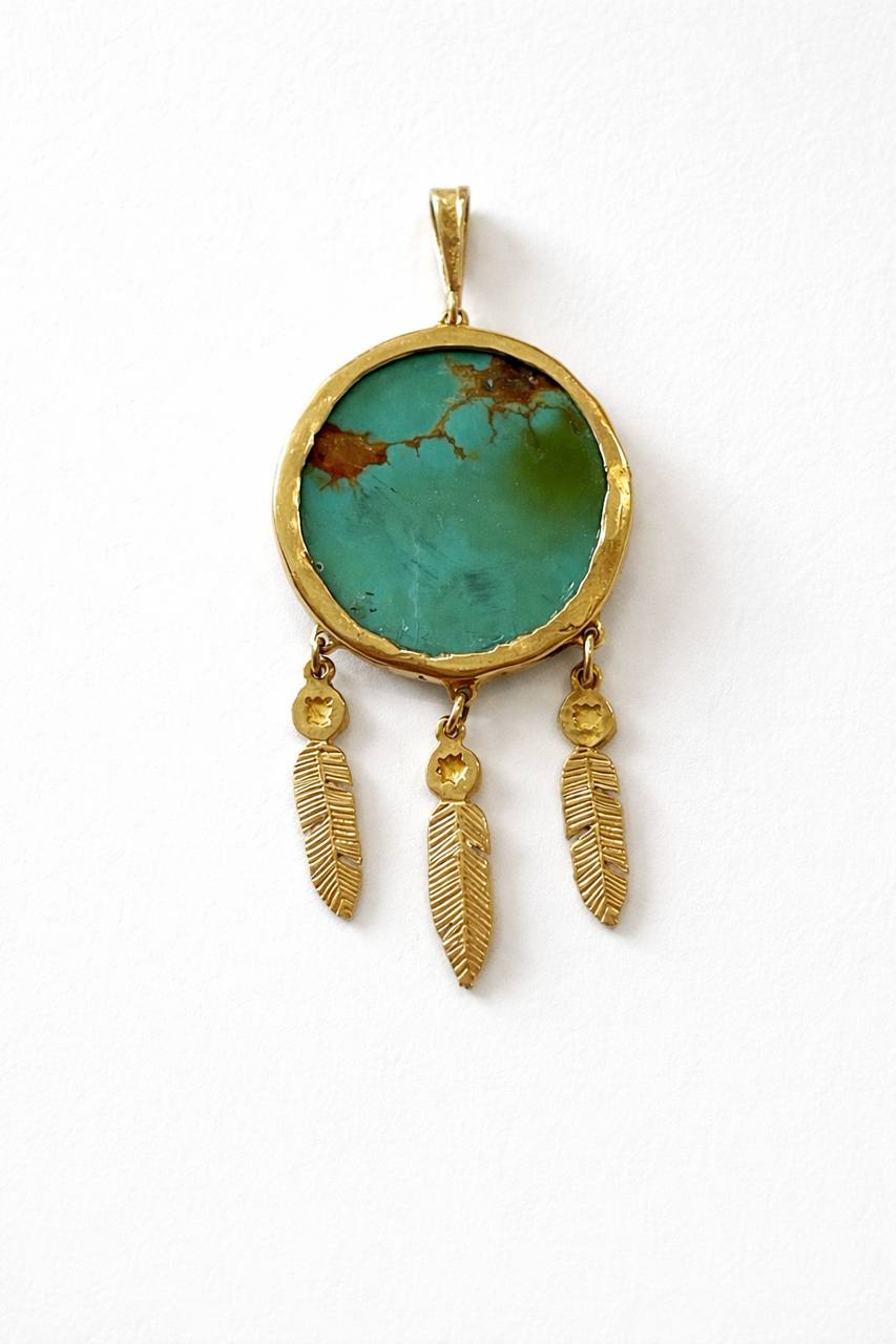 Handmade Vintage 14K Yellow Gold Turquoise Pendant Feather Dangles Bezel Set