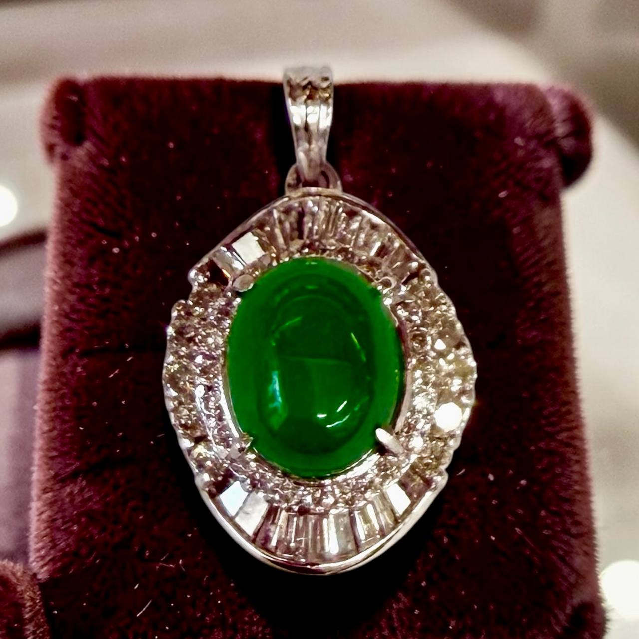 18K White Gold Green Jadeite Diamond Halo Pendant, Vintage Oval Cabochon Fine Jewelry